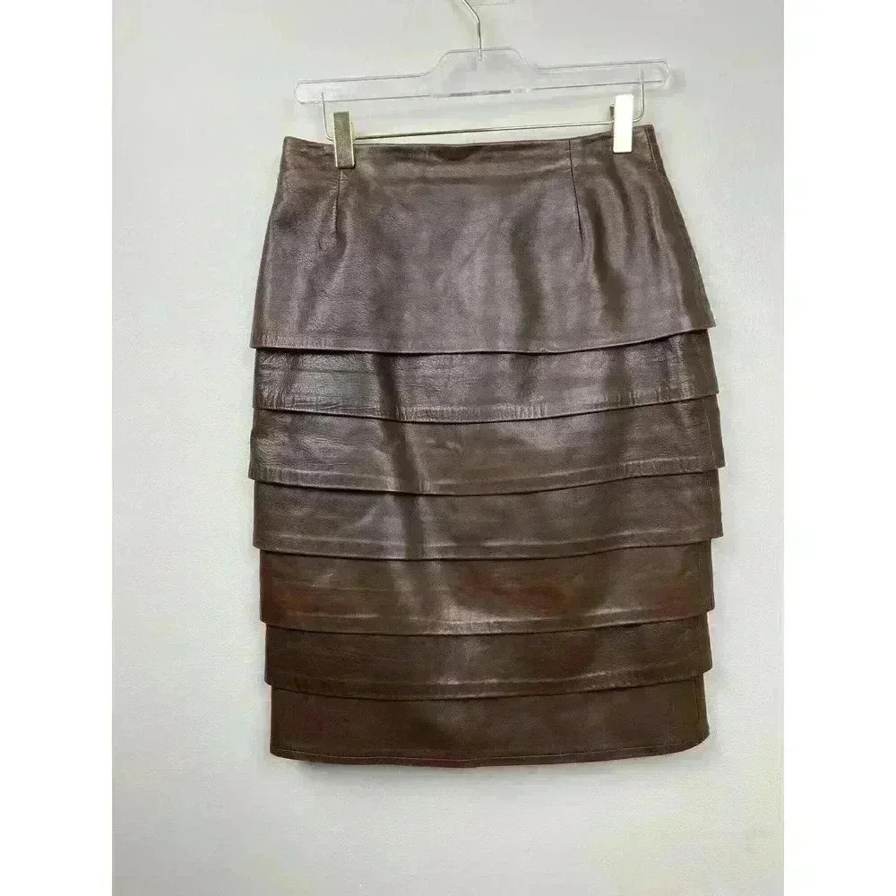 Gidding Jenny Vintage Brown Tiered Leather Midi Skirt - size 6